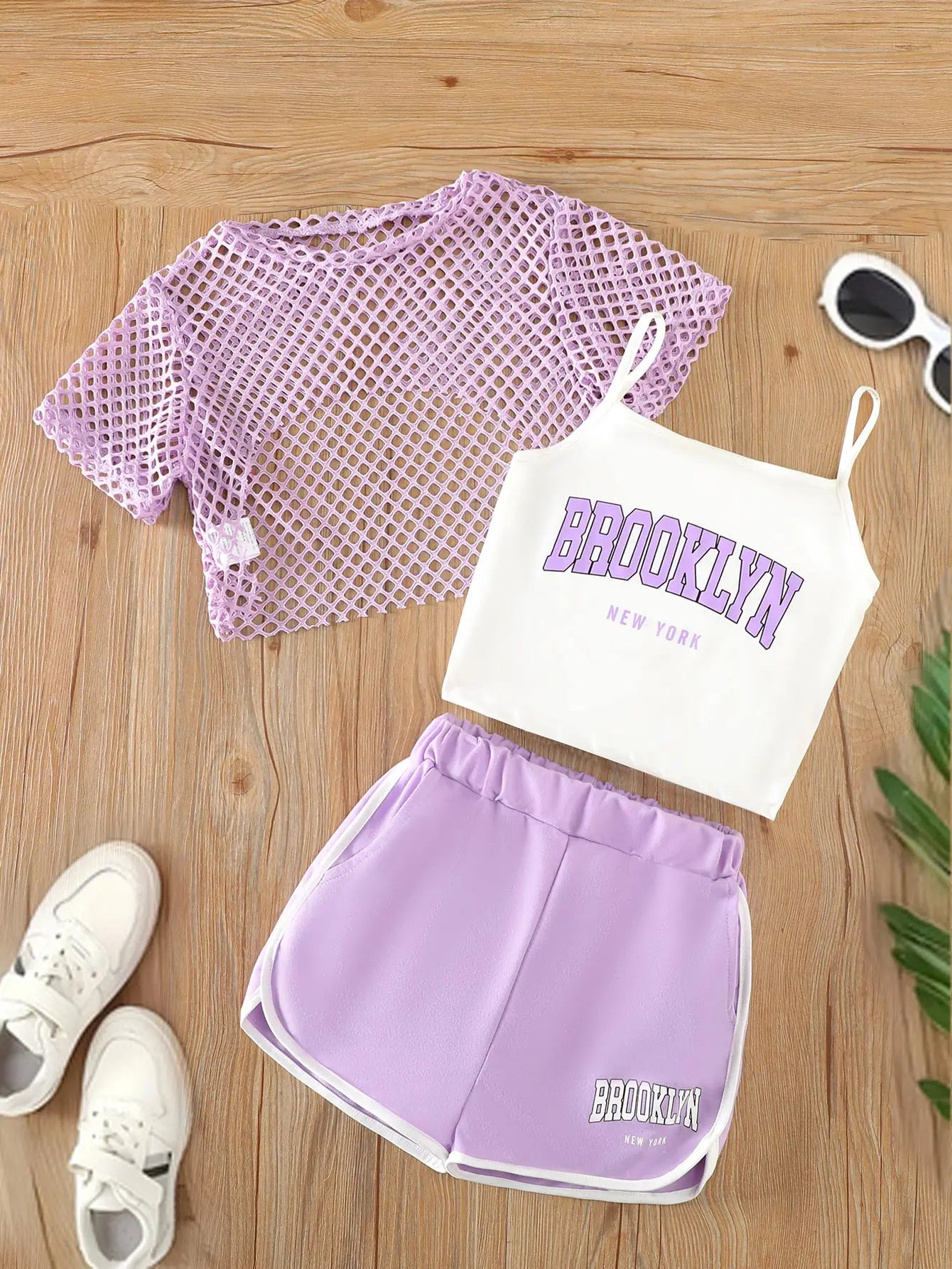 Girls' Three-Piece Outfits New Breathable Summer Thin Fashion Short Sleeve Mesh Top+Letter Print Crop Vest Sling+Letter Print Sport Shorts