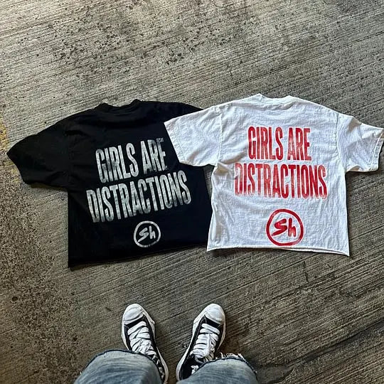 Girls Are Distractions Graphic Vintage Graphic  Print T-Shirts Men Women Y2K Short Sleeves Vintage Streetwear Women Tee Tops