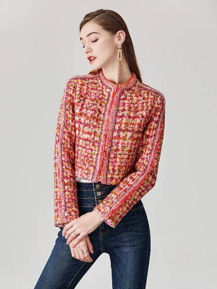 High-end Cropped Jacket for Women, 100% Wool Coat, Colorful Houndstooth, Plaid Tweed Jackets, Short Outwear, Runway Designer