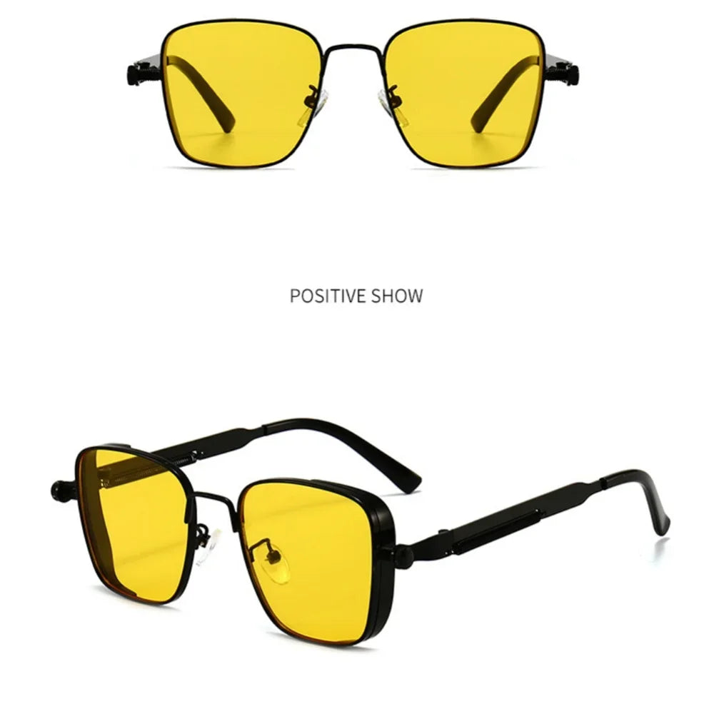 Men Driving Sunglasses Vintage Steampunk Square Sunglasses Metal Frame with Spring Hinges Women Eyepiece Trendy Driver Glasses