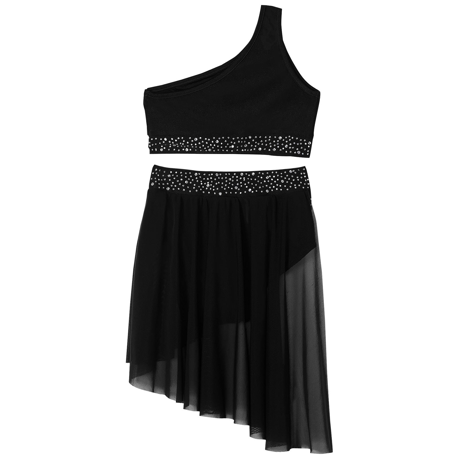 Girls Lyrical Dance Outfit Shiny One Shoulder Crop Top with Skirt for Jazz Skating Ballet Gymnastics Acrobatics Performance