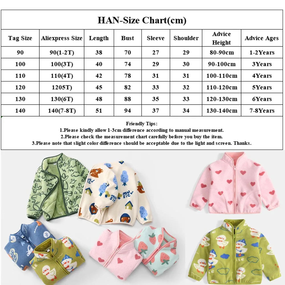 Girls Coats 1 to 8 Years Winter Children Clothes Double-Faced Heart Print Jackets Boys Plush Fleece Warm Outerwear Baby Clothing