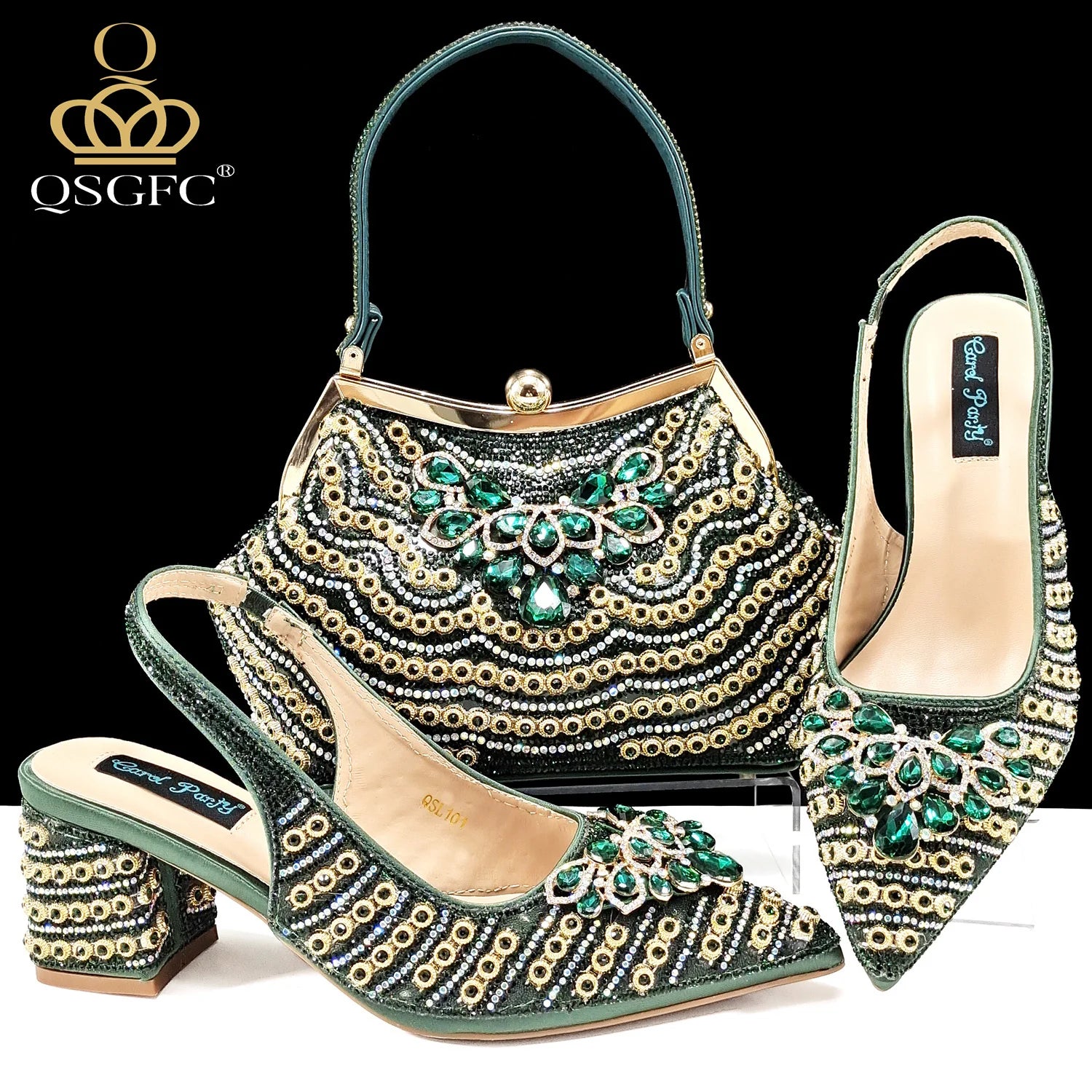 2024 Italian Design Full Rhinestone Comfortable high heel shoes And Bag Fashion Style Pointed-Toe Shoes For Women