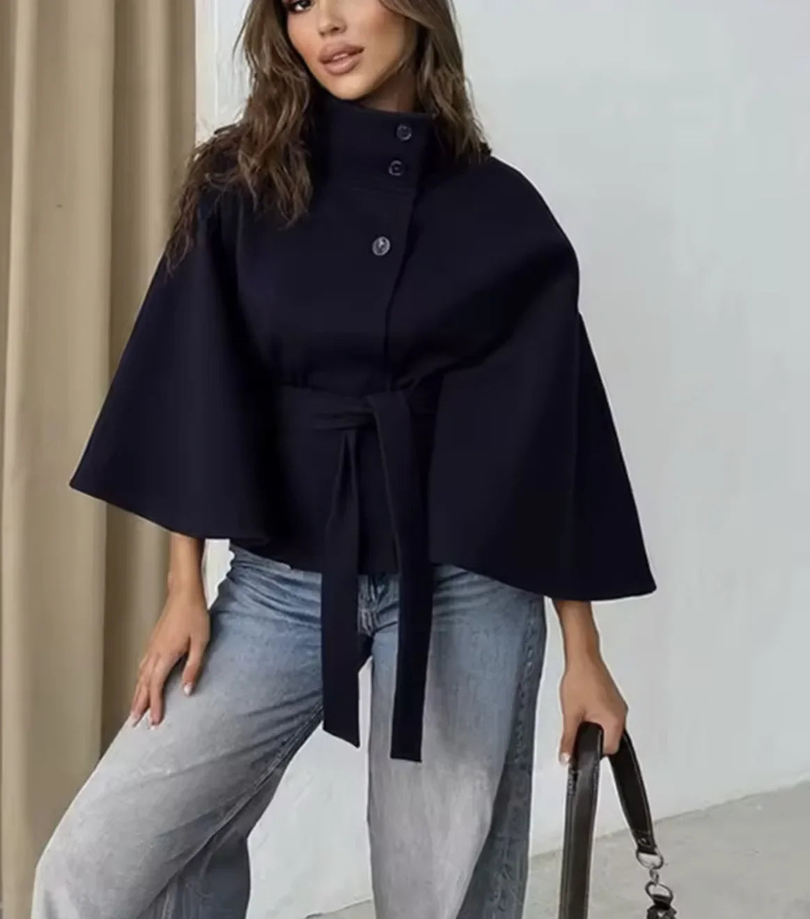 Womens Short Cape Coats For Women Belt Blends Coats Autumn Winter Solid Coats Elegant Cloak Jacket Ladies 2025