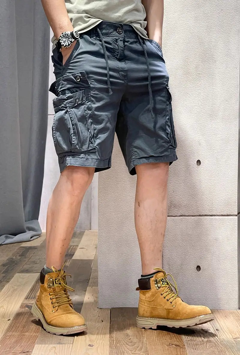 Half Men's Cargo Shorts Solid With Draw String Khaki Male Bermuda Short Pants Summer Korean Style Baggy Elastic Waist Homme Y2k