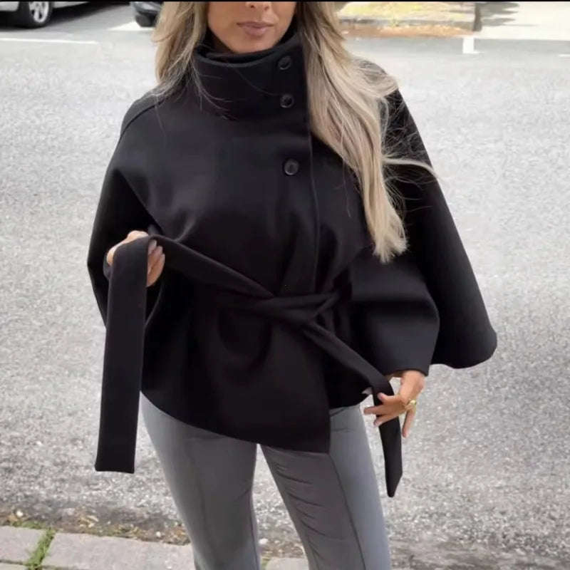 Womens Short Cape Coats For Women Belt Blends Coats Autumn Winter Solid Coats Elegant Cloak Jacket Ladies 2025