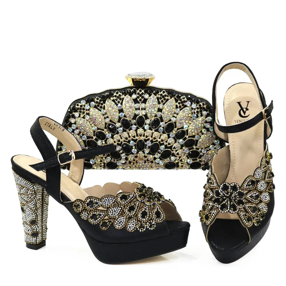 High Heel Shoes for Women Hollowed Out Embroidery Rhinestone Italian Design Rainbow Color Pointed-Toe Shoes and Bags Set