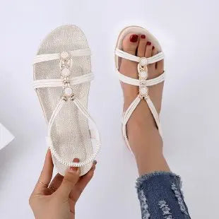 Rhinestone Sandals Women's Summer 2024 New Bohemian Diamond Flat All-match Flat Heel Open Toe Plus Size Women's Holiday Shoes