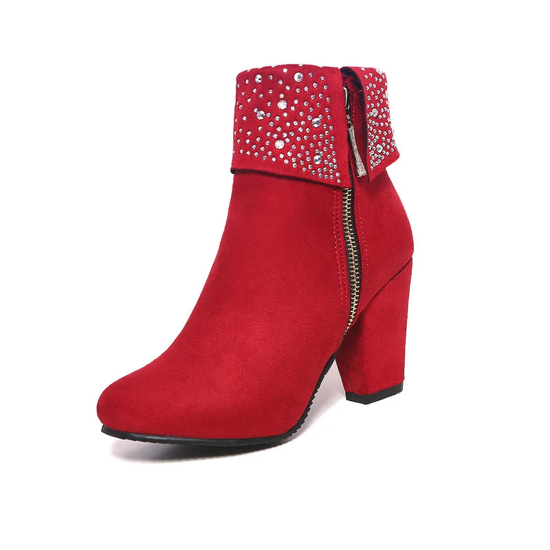 Rhinestone Crystal Sparkle Red Navy Blue Ankle Boots for Women Big Size 46 47 Zipper Chunky High Heels Bling Winter Warm Shoes