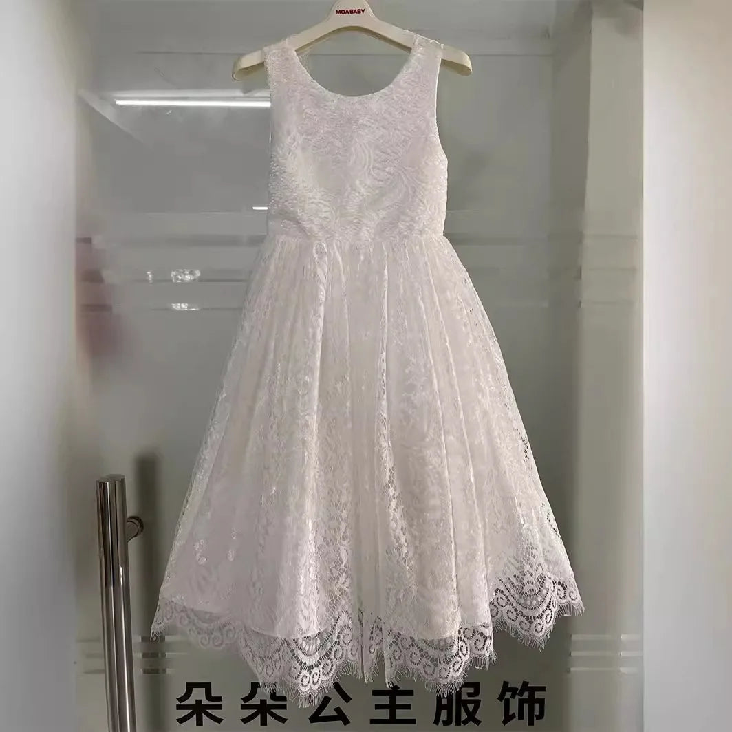 Girls Fashion Open Back Princess Dress 3-12 Years Old New Mesh Lace Long Dress Birthday Wedding Flower Girl Performance Clothing