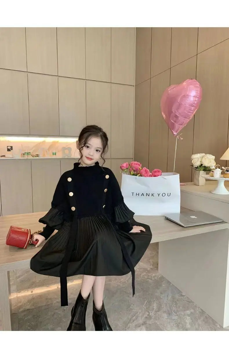 2025 Spring and Autumn New Girls' Dress Children's Clothing Black Design Sense Spliced Knitted Pleated Skirt