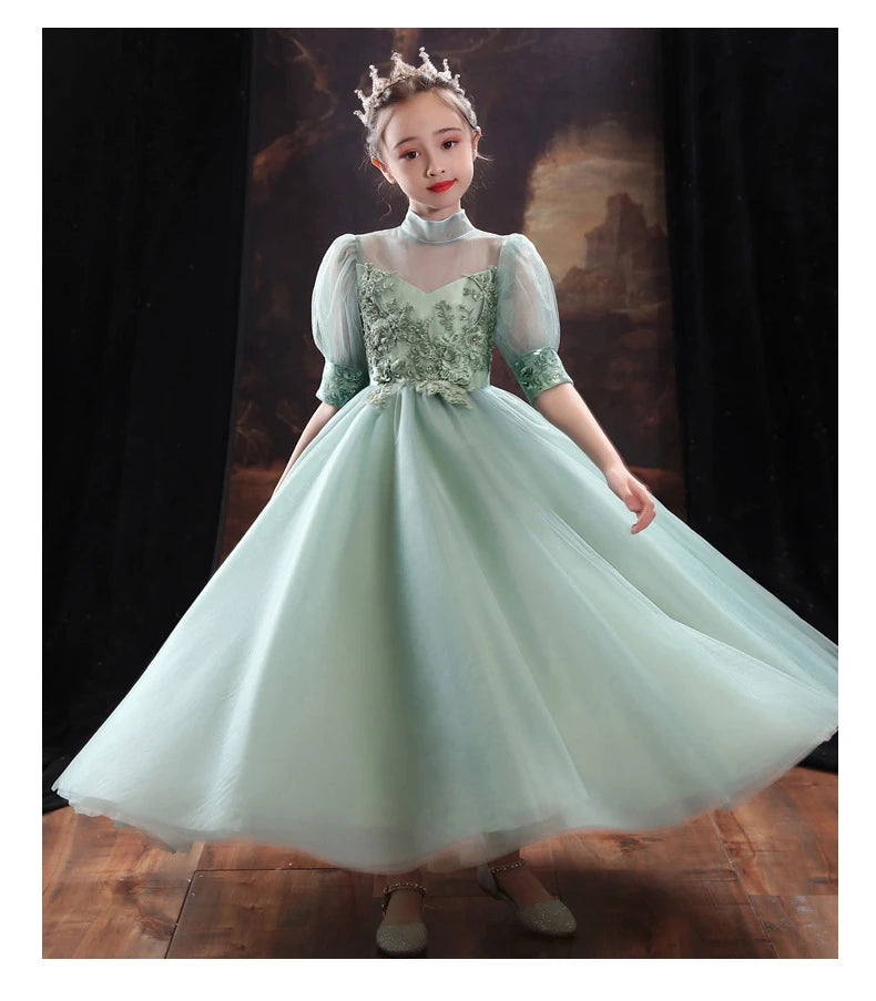 Children Clothing Green Dress for Girls 3 To 14 Year Elegant Formal Evening Dresses Long Luxury Cute Kid Wedding Party Ball Gown