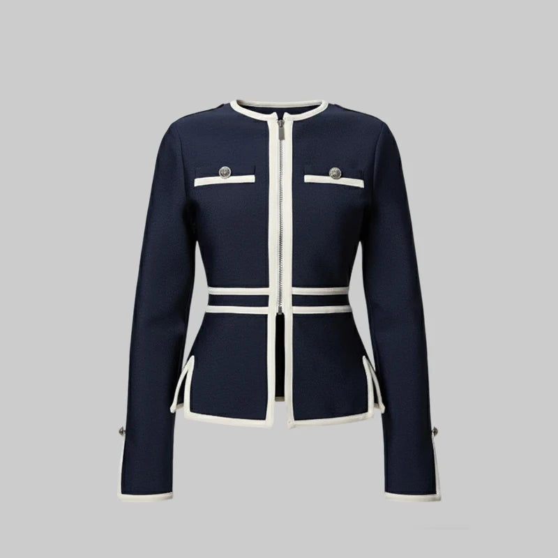 Trendy Casual Jackets for Women 2025 Fall Spring Vintage Round-neck Buttoned Zipper Striped Piping Coats for Woman Work Tops