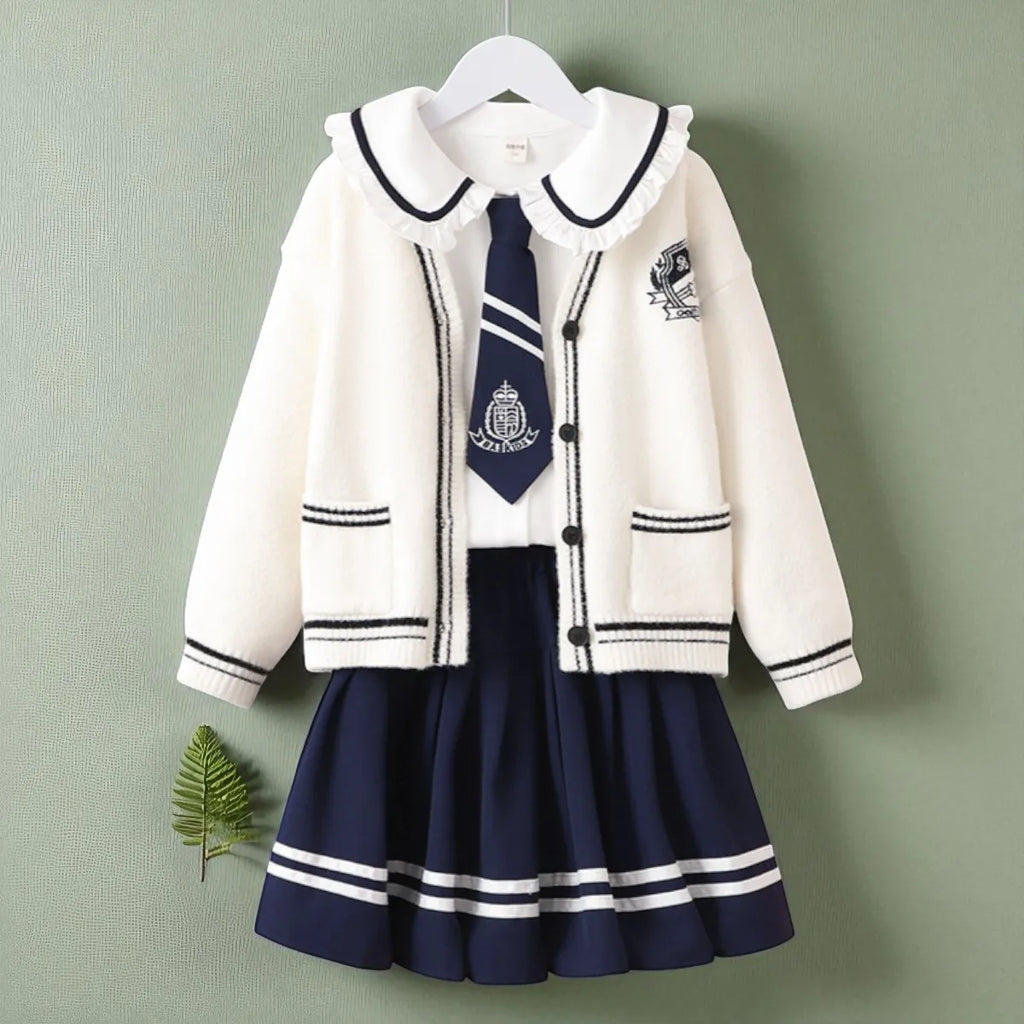 Baby Girls Clothing Set Outfits School Uniform Cardigan & Shirt & Skirt 3pcs Girls Tracksuit Teens Kids Suit Costumes 5 7 9 13 Y