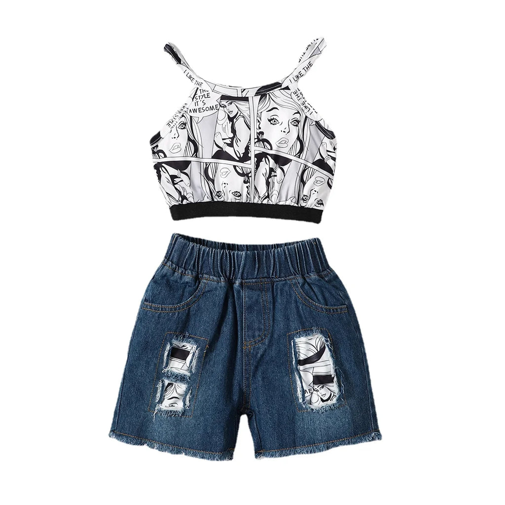 2PCS Kids Girl Clothing Set Character Print Sleeveless Top+Denim Shorts Fashion Personality Outfit for Children Girls 1-6 Years