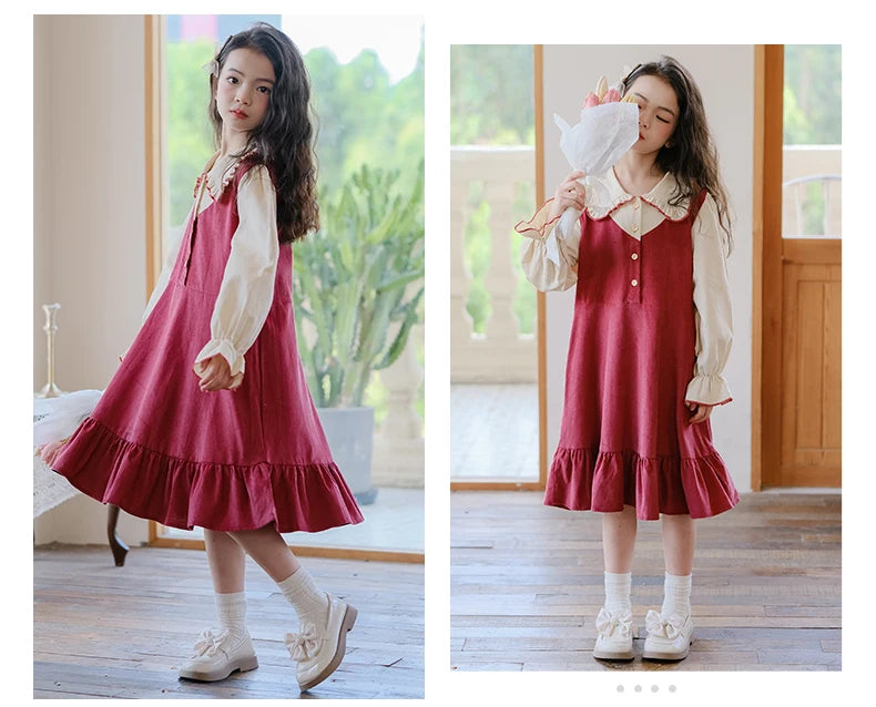 Girls Dress 2023 Winter Korean Style Children's Clothing Girls Fake Two-Piece Lapel Forest Fishtail Skirt Corduroy Princess Dress