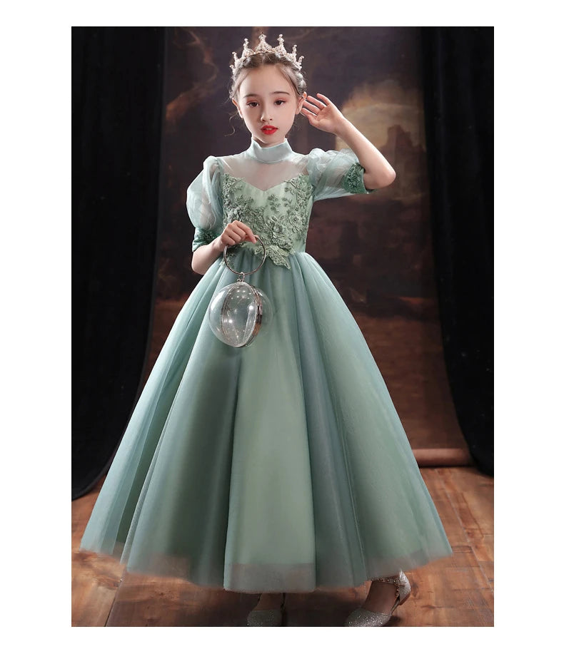 Children Clothing Green Dress for Girls 3 To 14 Year Elegant Formal Evening Dresses Long Luxury Cute Kid Wedding Party Ball Gown