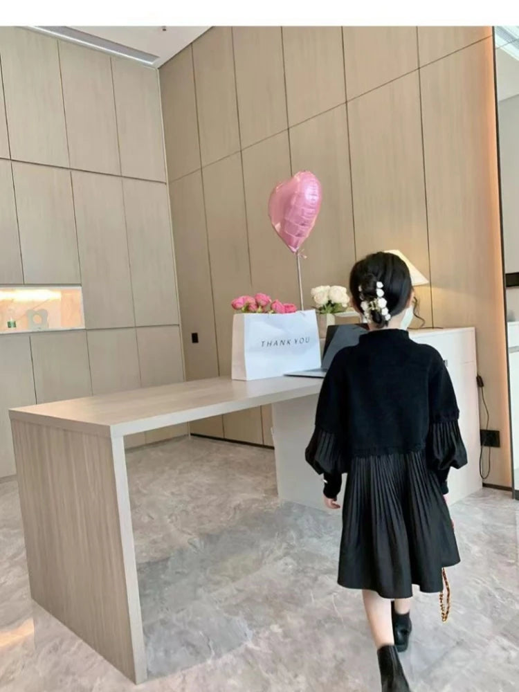 2025 Spring and Autumn New Girls' Dress Children's Clothing Black Design Sense Spliced Knitted Pleated Skirt