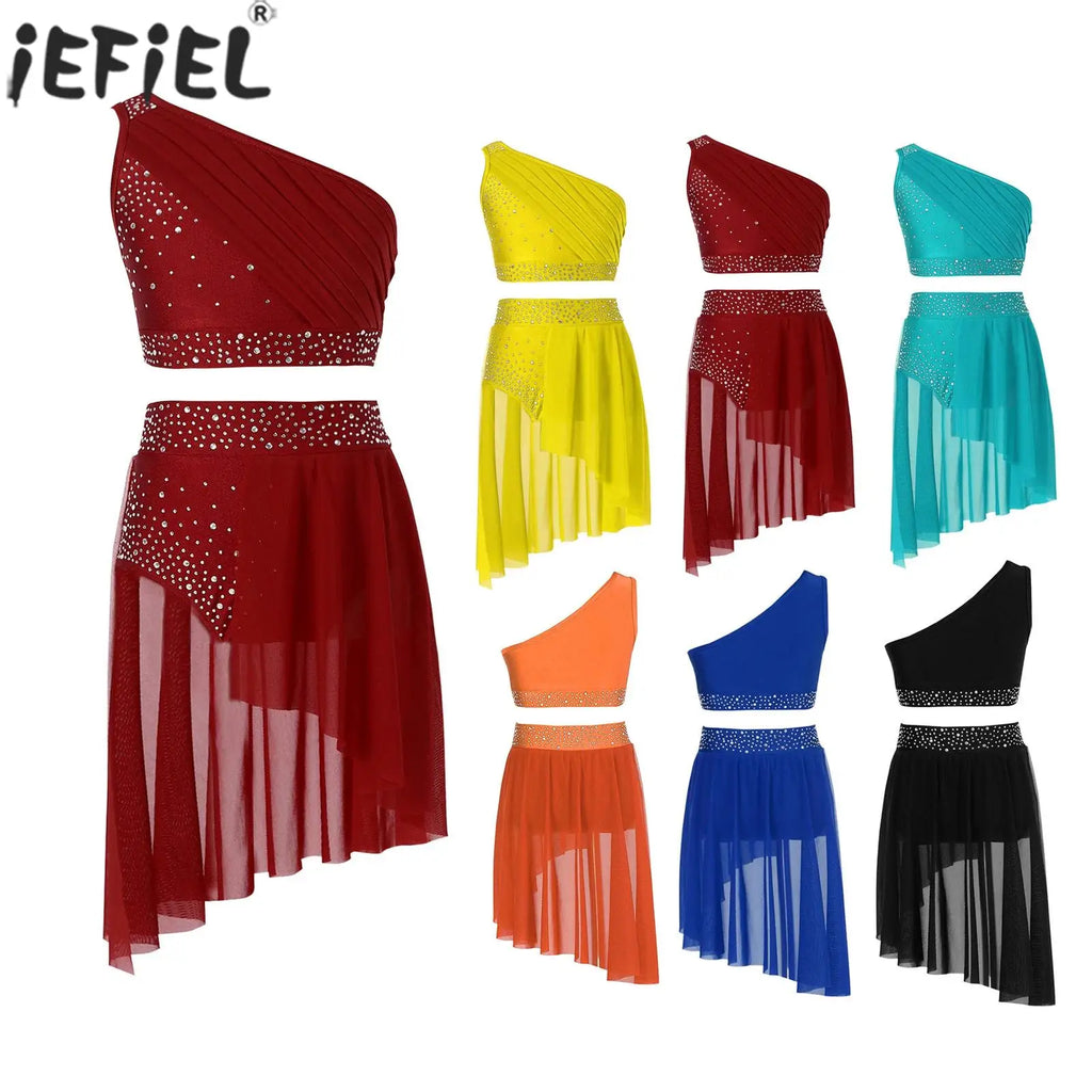 Girls Lyrical Dance Outfit Shiny One Shoulder Crop Top with Skirt for Jazz Skating Ballet Gymnastics Acrobatics Performance