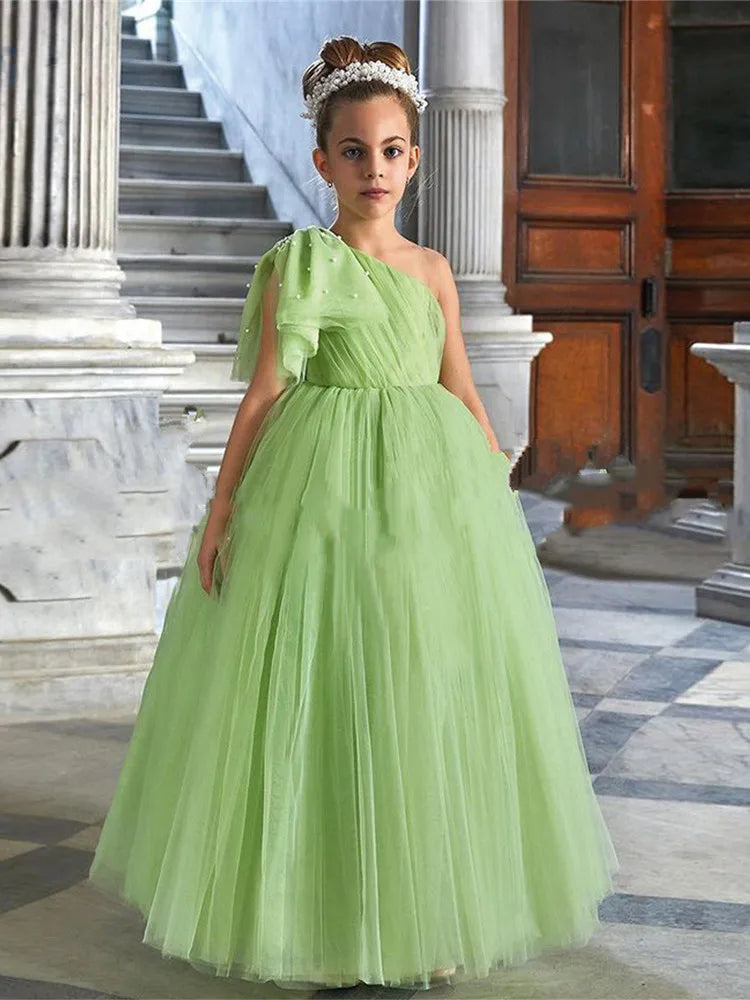 Girls Elegant Dress Tulle Evening Dresses Fashion Ball Performance Gown Solid Simple Girls Clothing Children Summer Frocks