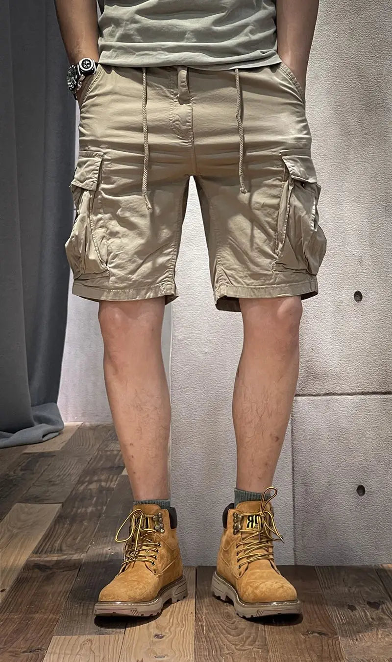 Half Men's Cargo Shorts Solid With Draw String Khaki Male Bermuda Short Pants Summer Korean Style Baggy Elastic Waist Homme Y2k