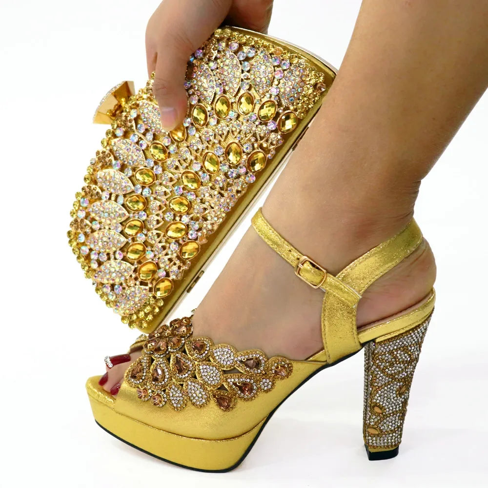 High Heel Shoes for Women Hollowed Out Embroidery Rhinestone Italian Design Rainbow Color Pointed-Toe Shoes and Bags Set