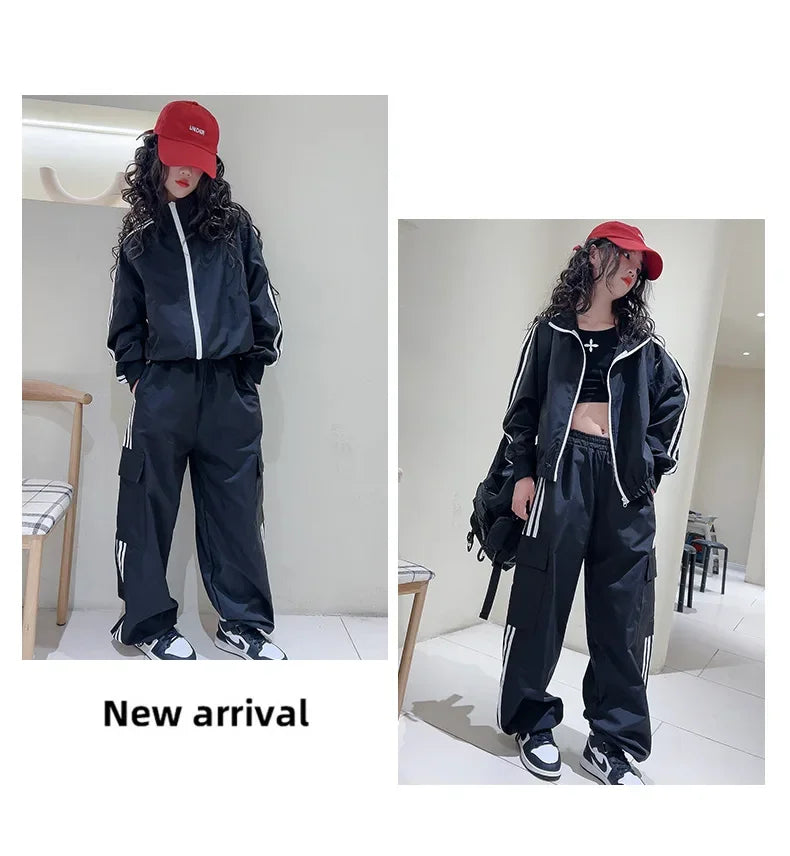 2025 New Girls Outfit Spring/fall Casual Striped Short Jacket  Wide Leg Pants 2-Pieces Fashion School Kids Sporty Tracksuit Set