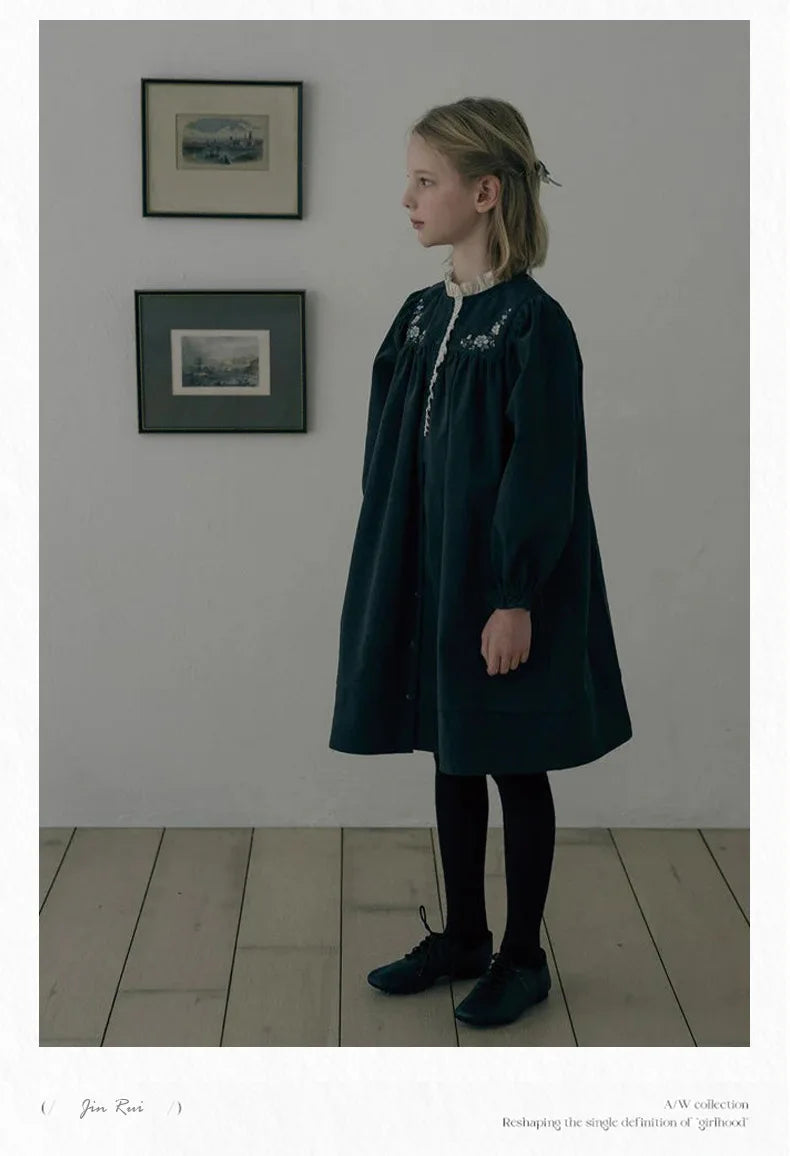 Girls Dresses 2025 Autumn Winter 100% Cotton Corduroy Black High-end Embroidered Dress Cardigan Woolen Sweater Kids's Clothing