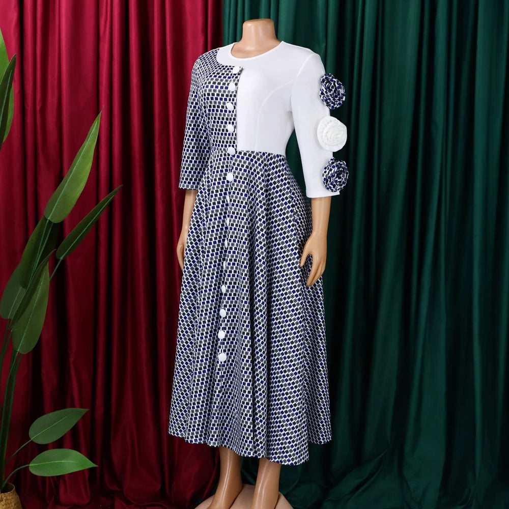 Elegant Dresses for Women 2025 Fall Fashion African 3/4 Sleeve Party Birthday New Robe Chic 3D Flower Plaid Evening A-Line Dress