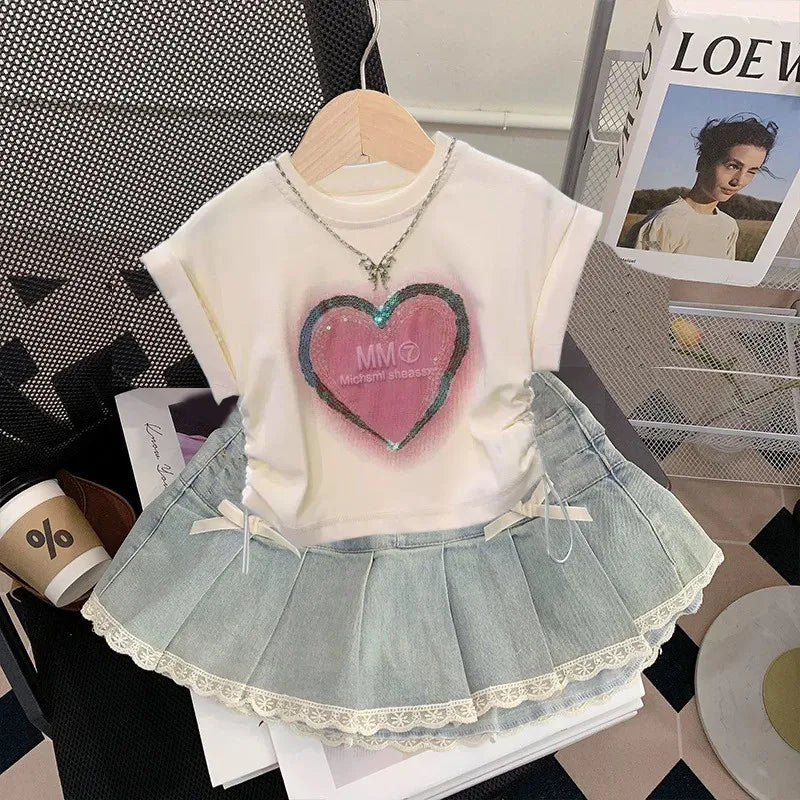 Girls' Short Sleeve Set 2025 Summer New Children's Clothing Girls' Stylish Printed T-shirt Cowboy Short Skirt Two Piece Set