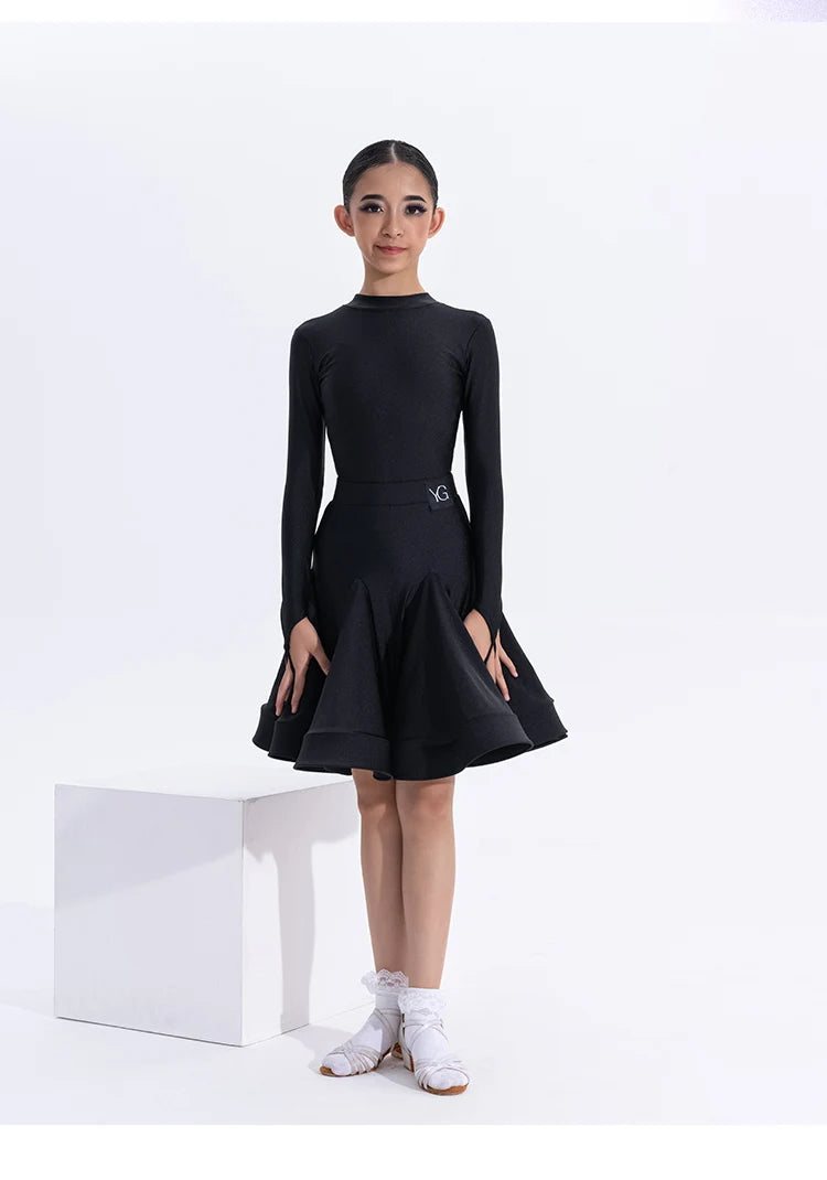 Girls Latin Dance Competition Clothing Glossy Fabric Long Sleeves Dance Dress Kids Cha Rumba Dance Practice Training Wear