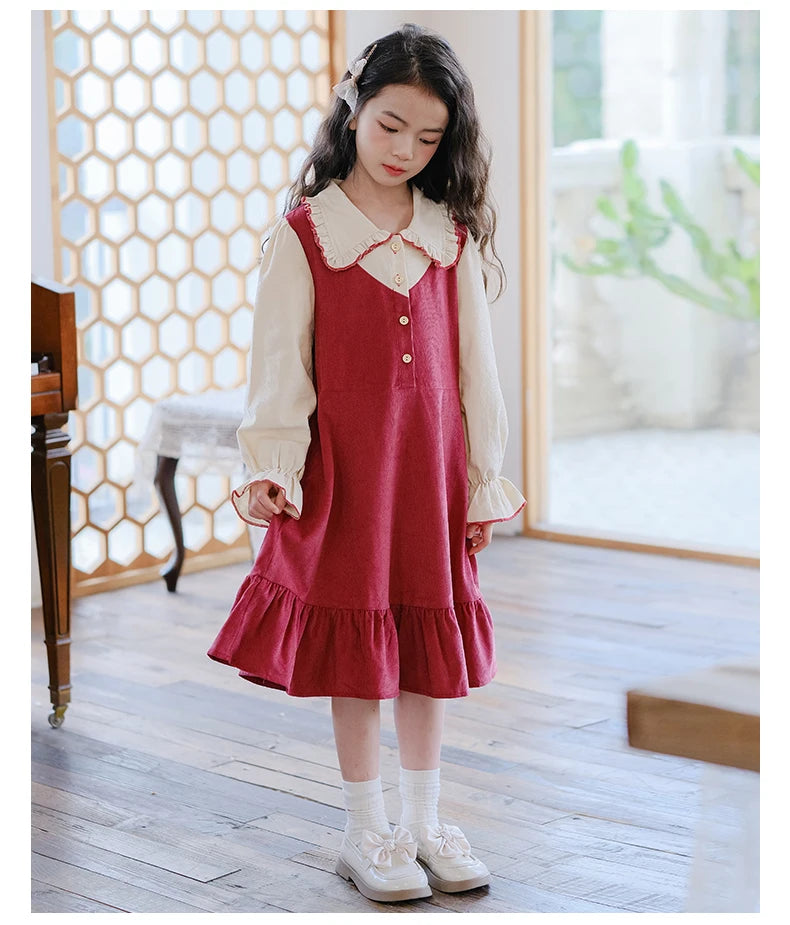 Girls Dress 2023 Winter Korean Style Children's Clothing Girls Fake Two-Piece Lapel Forest Fishtail Skirt Corduroy Princess Dress