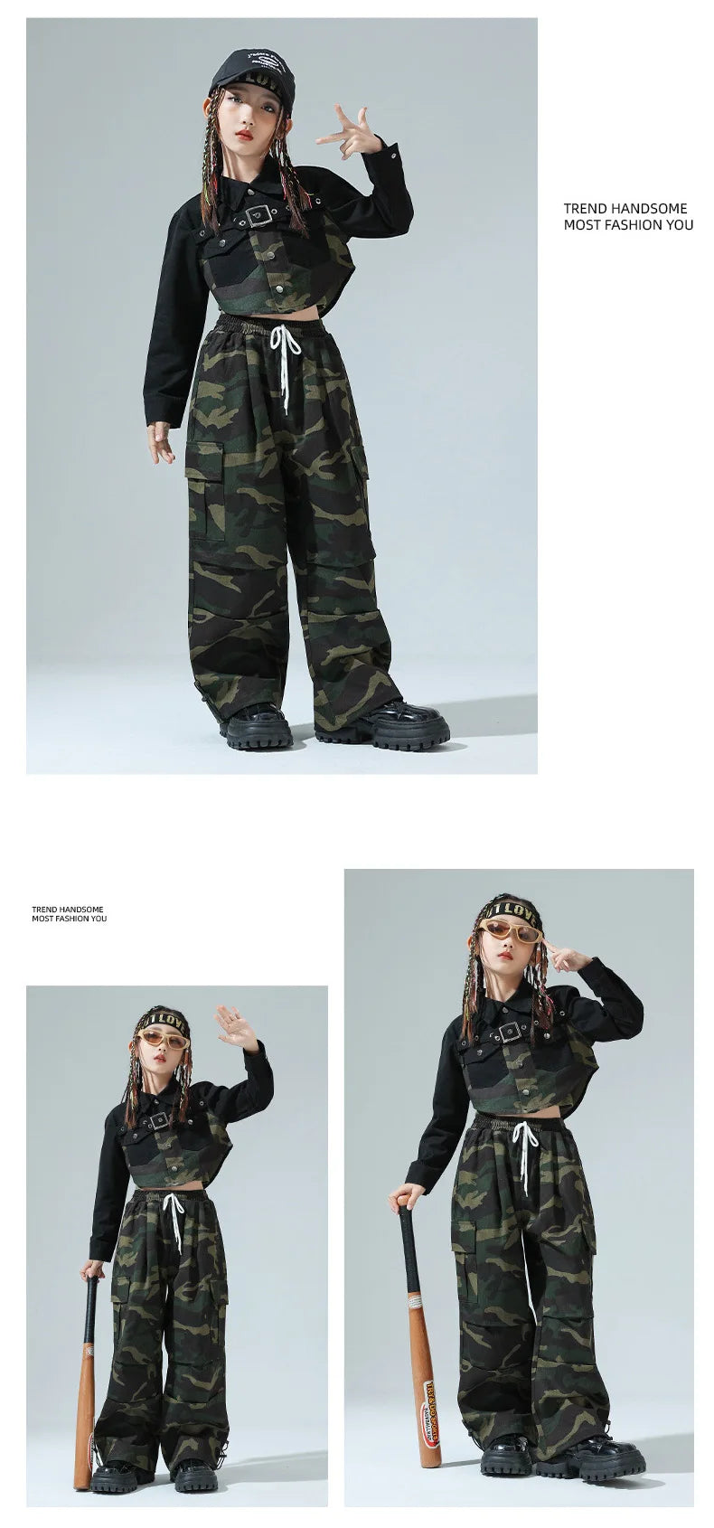 Girls Hip Hop Clothing Green Crop Top Camouflage Casual Wide Pockets Cargo Pants for Kids Jazz Dance Costume Clothes