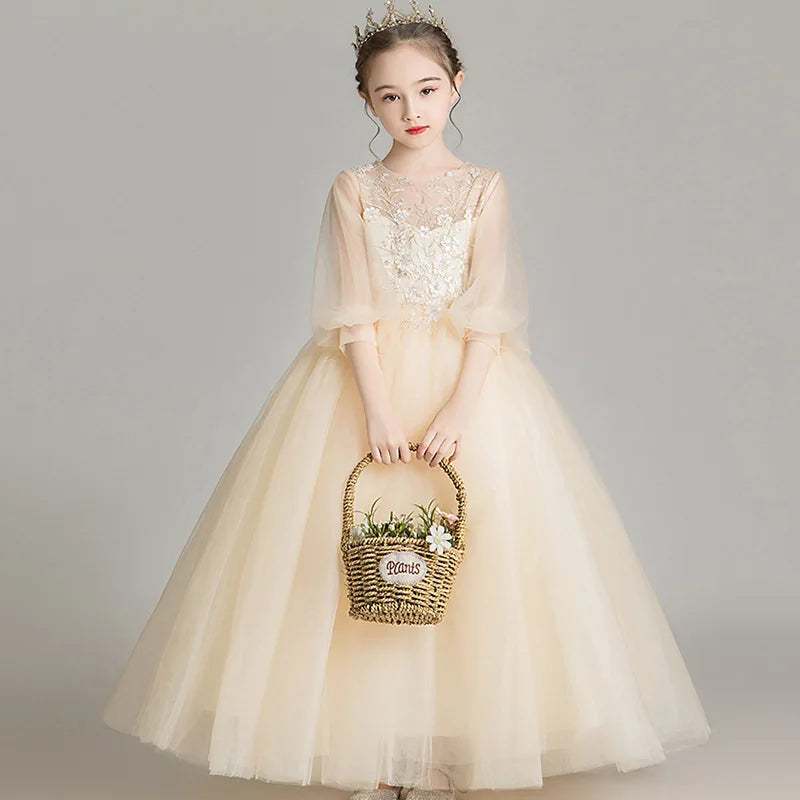 Children Clothing Green Dress for Girls 3 To 14 Year Elegant Formal Evening Dresses Long Luxury Cute Kid Wedding Party Ball Gown