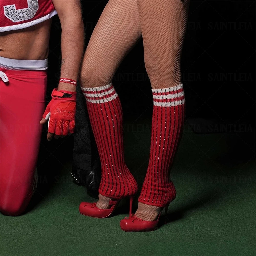 Rhinestone Socks Stiletto Booties Ballerina Bow Crepe Square Toe High Heel Pumps Multicolor Elegant Style Women's Mid-Calf Boots