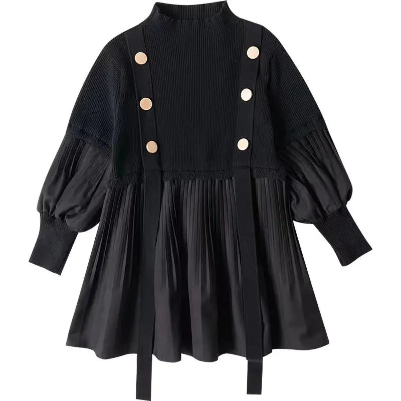 2025 Spring and Autumn New Girls' Dress Children's Clothing Black Design Sense Spliced Knitted Pleated Skirt
