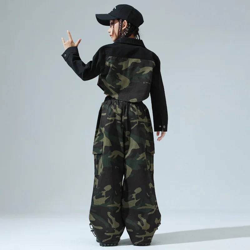 Girls Hip Hop Clothing Green Crop Top Camouflage Casual Wide Pockets Cargo Pants for Kids Jazz Dance Costume Clothes