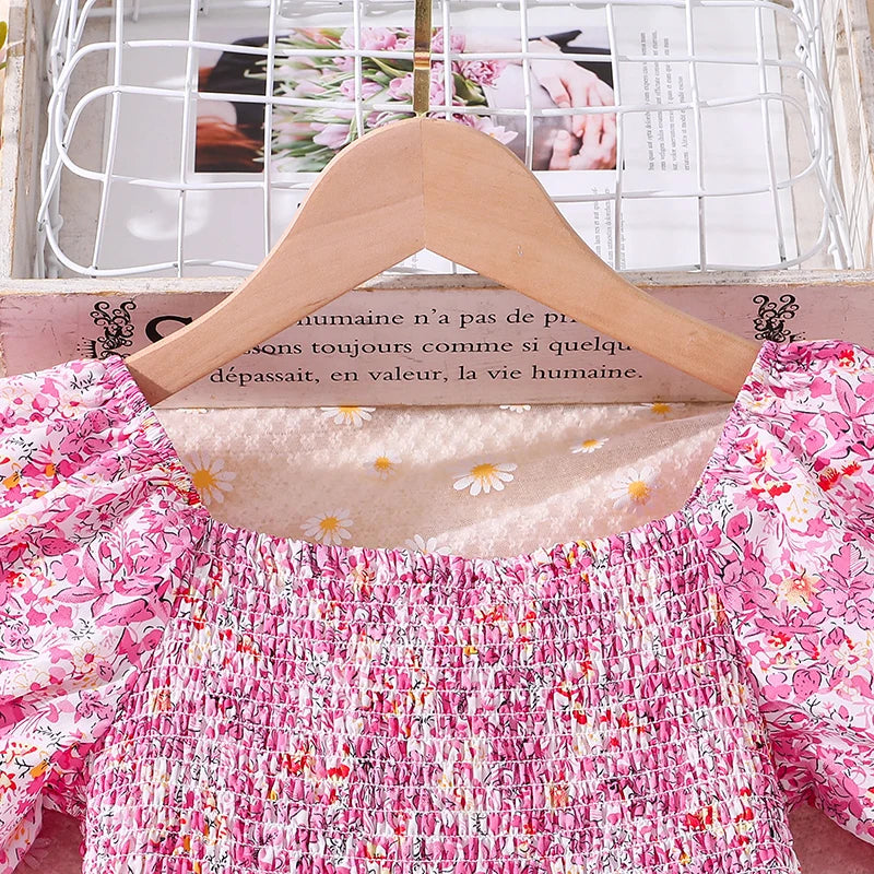 Girls Clothes 2024 New Summer Princess Dresses 8-12Y Shirred-Bodice Floral Puffed Sleeves Elegant Casual Kids Dress For Girls