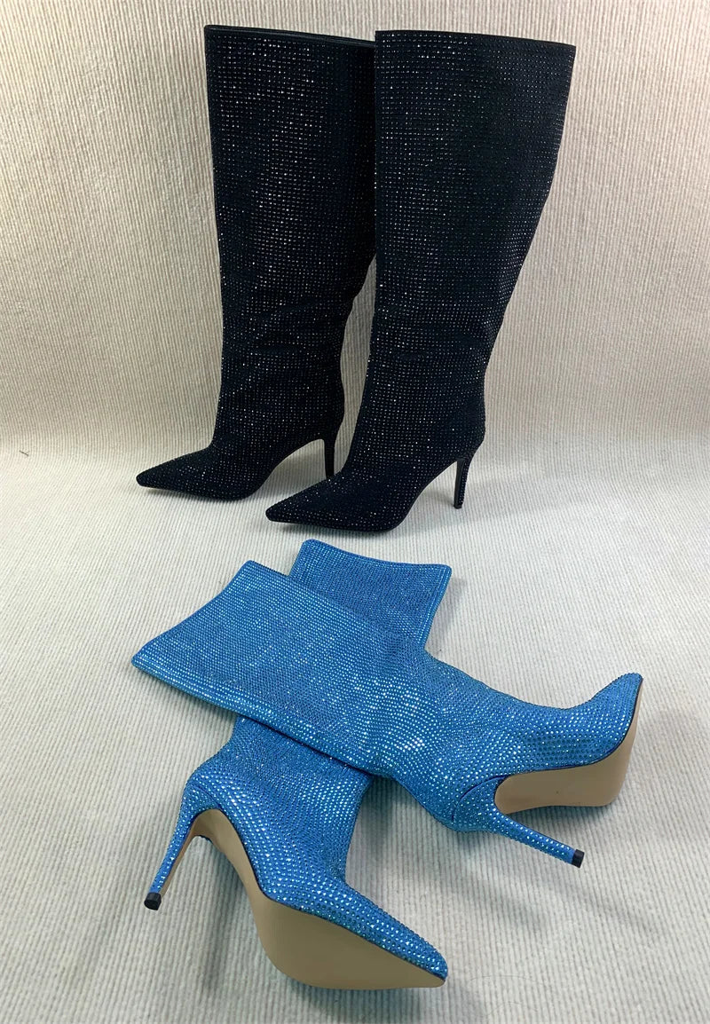 Rhinestone Women's High Boots Pointed Toe Slip-on Long Boots Women Boots High Heels Sexy Stiletto Ladies Party Shoes 2025 New