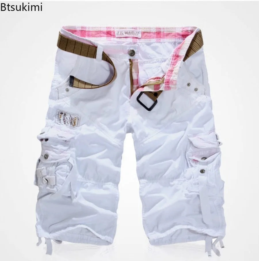 New Summer Casual Shorts Men's Solid Straight Cargo Shorts Outdoor Workout Joggers Pants Multi Pocket Knee Length Sweatpants Man