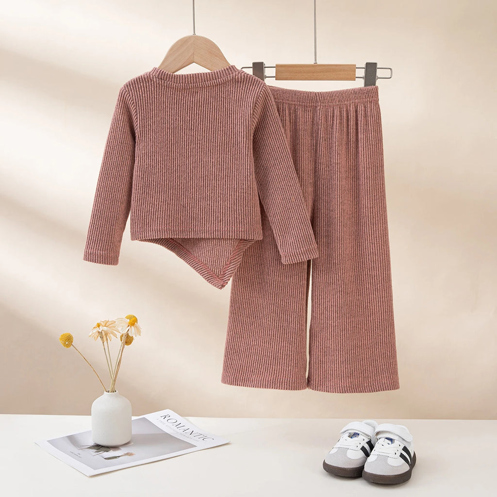 Girls' Solid-Colour Spring/Autumn Long-Sleeved Top and Casual Trousers Two-Piece Set, Trendy Outfit, Children's Fashion Clothing