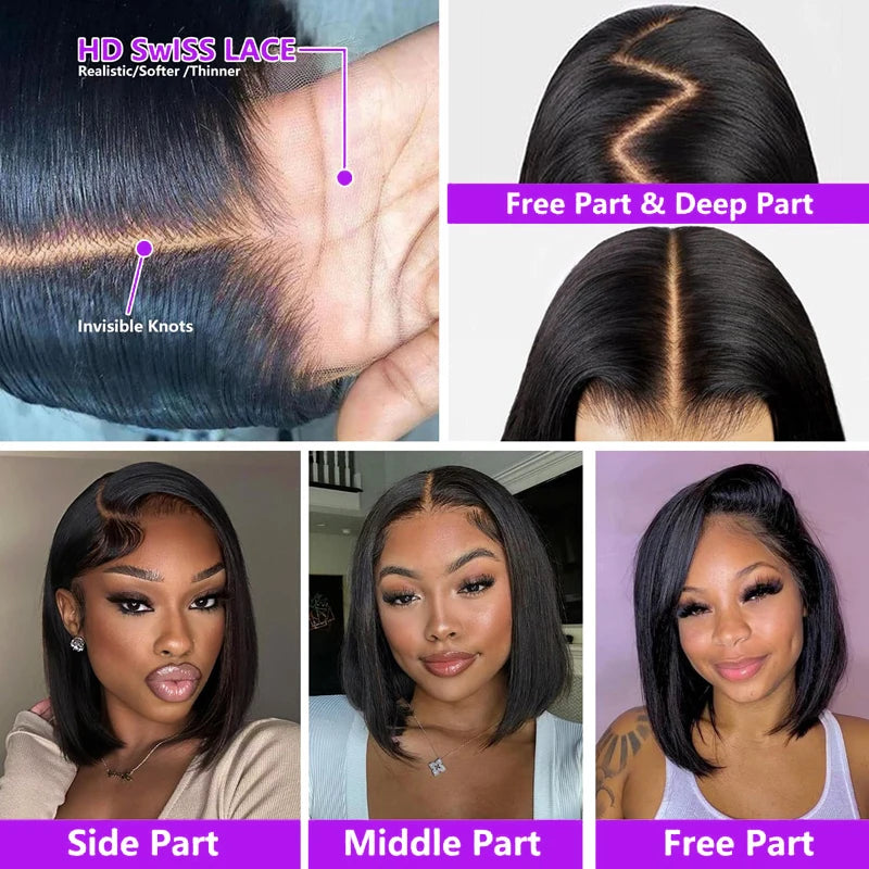 200 Density Straight 13X4 Lace Frontal Bob Wigs 100% Human Hair for Women Brazilian Remy Hair Pre Plucked Virgin Hair #1B 16inch