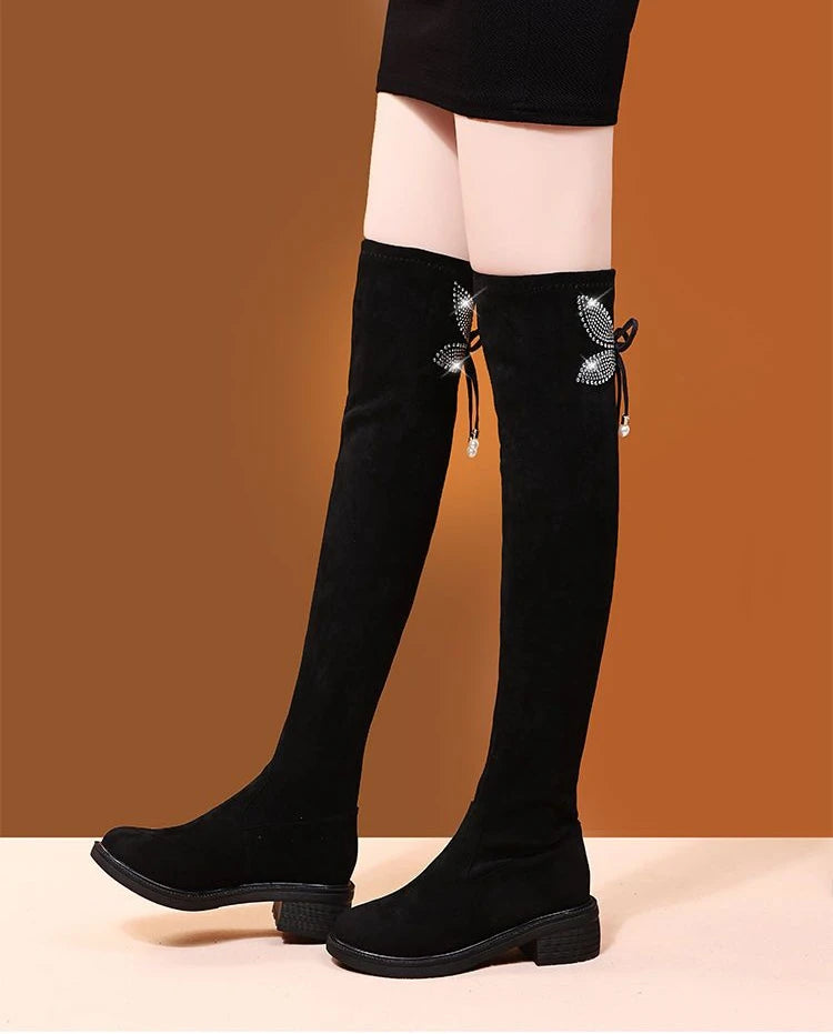 Women's Boots Rhinestone Shoes for Woman Thigh High Footwear Above Over The Knee Middle Heel with Laces Lace-up Quality New In