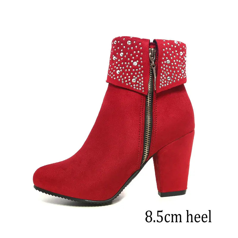Rhinestone Crystal Sparkle Red Navy Blue Ankle Boots for Women Big Size 46 47 Zipper Chunky High Heels Bling Winter Warm Shoes