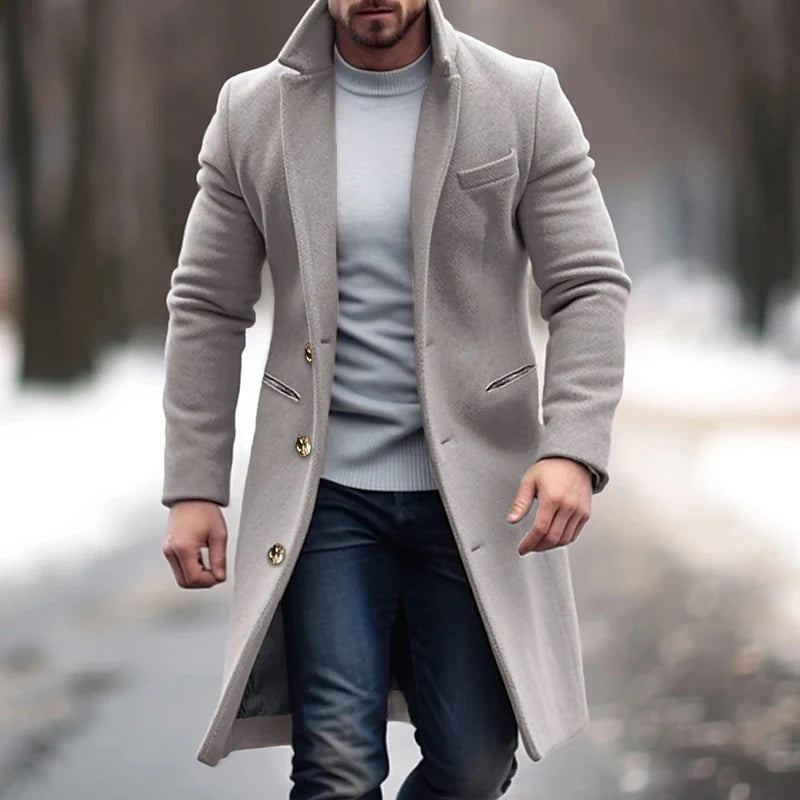 Stylish Solid Color Mens Trench Jacket Coat Autumn Winter Outdoor Casual Wool Blend Overcoats Men Vintage Single-breasted Coats