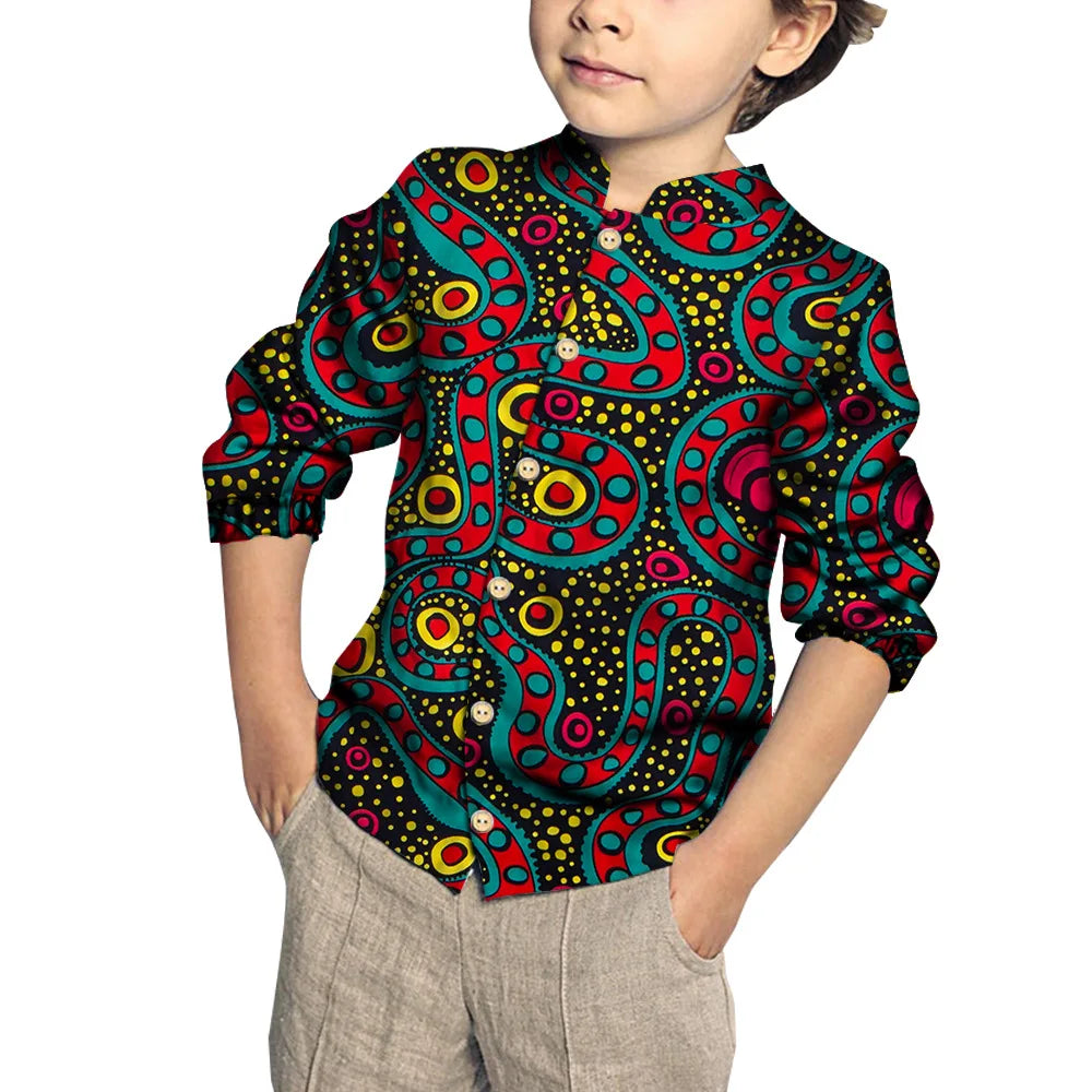 Kids Clothing Kids Boys African Fashion New Boy's Tops Bazin Riche African Wax Print Patchwork Cotton Shirt for Boys