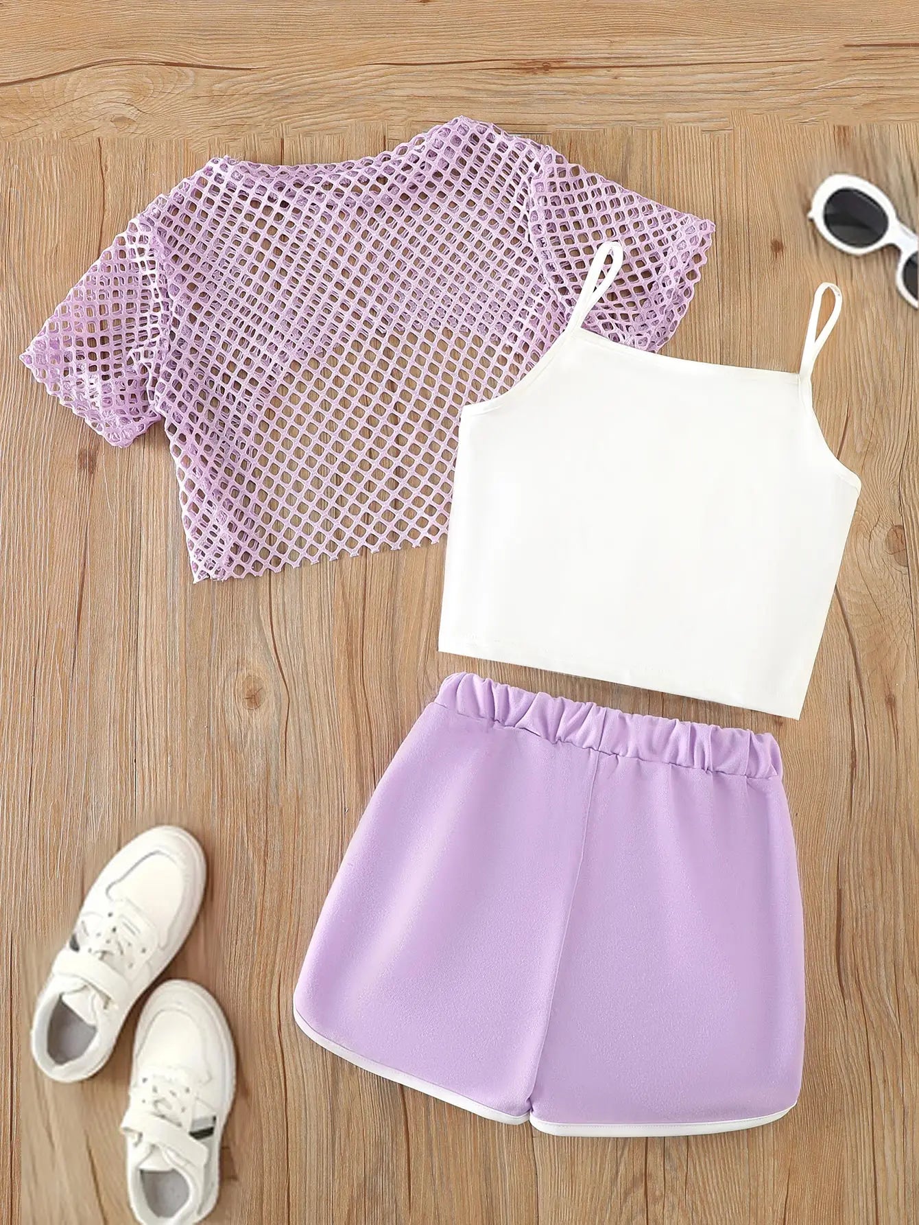 Girls' Three-Piece Outfits New Breathable Summer Thin Fashion Short Sleeve Mesh Top+Letter Print Crop Vest Sling+Letter Print Sport Shorts