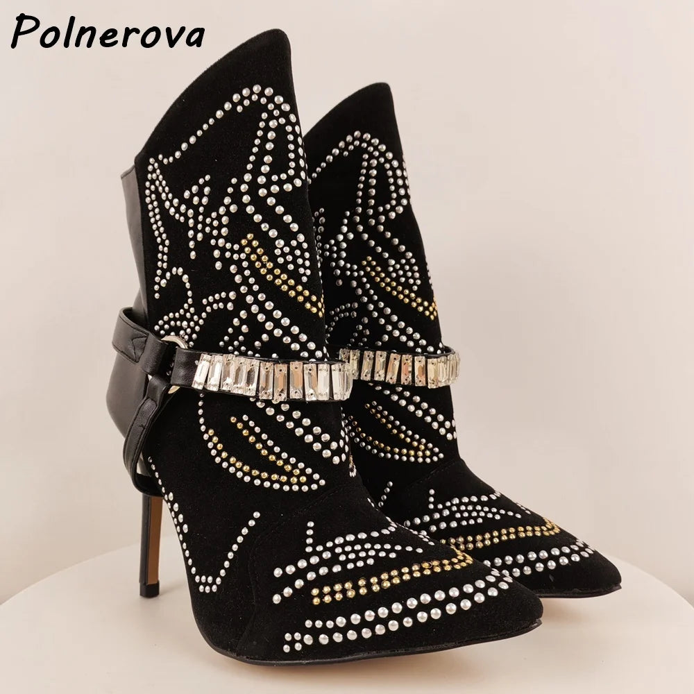 Rhinestone Black Ankle Boots Pointy Toe Thin Heels Slip On Bling Crystal Solid Sexy Boots Women's Winter Elegant Runway Shoes