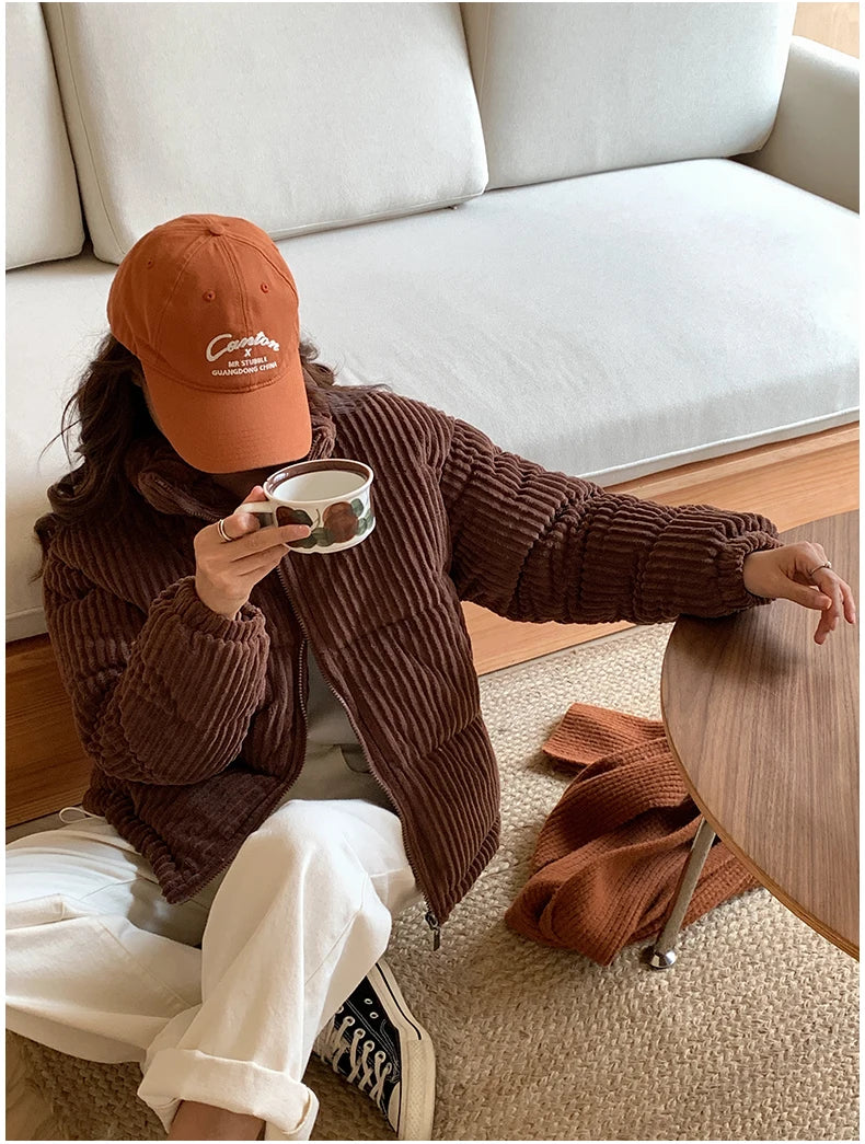 Women Short Parkas Jackets 2025 Autumn Winter Corduroy Long Zipper Thick Warm Outwear Coats Female Winter Jackets parkas Coats