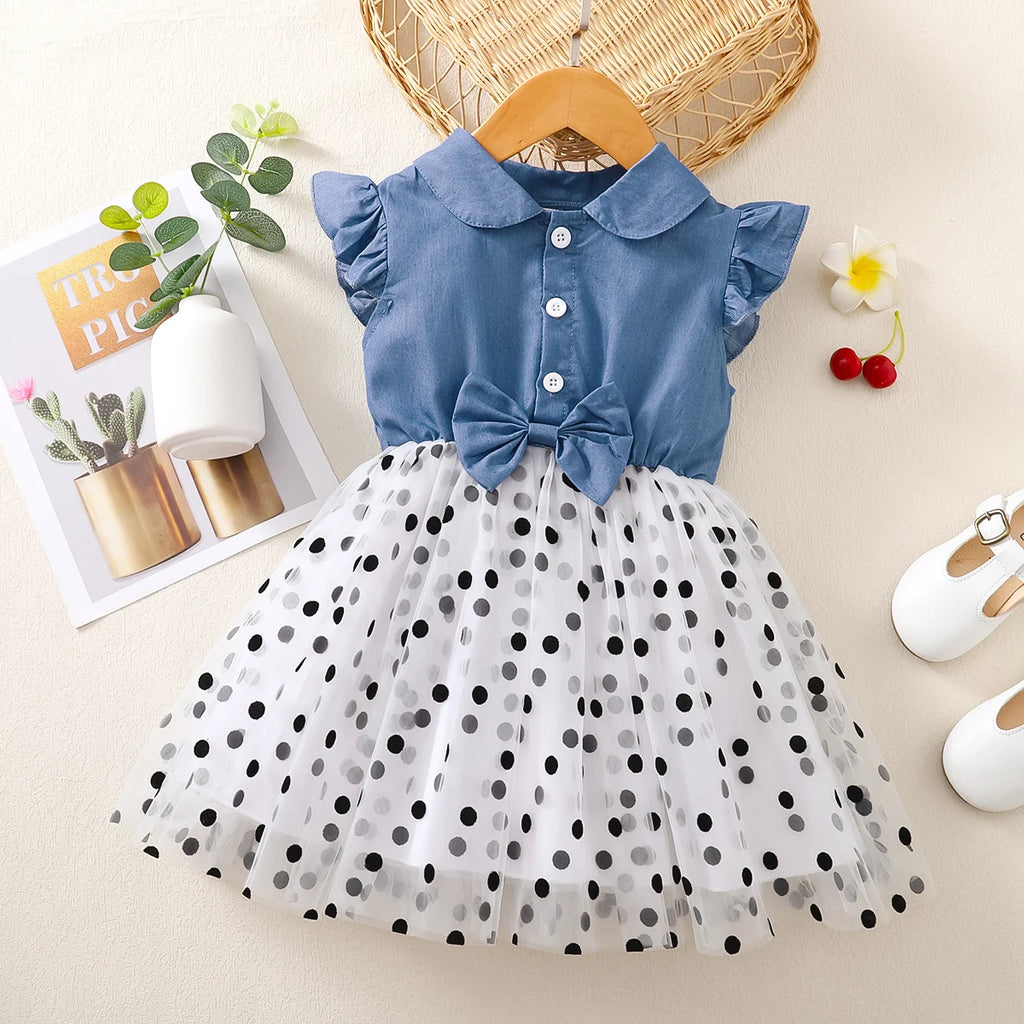 Girls Clothing Flying sleeve Dress Blue Polka Dot chiffon Children's Dress suitable for 1-6 Year old Girls Summer Dress